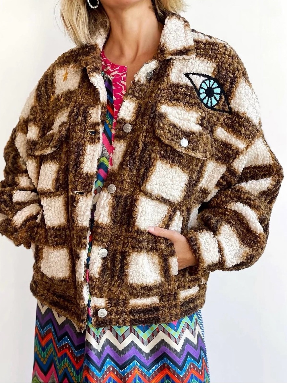 Me369 Talulah Teddy Plaid Jacket in Brown & Cream